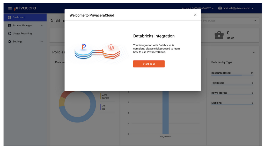 Screenshot welcoming user to Privacera landing page and tour start via Databricks integration.