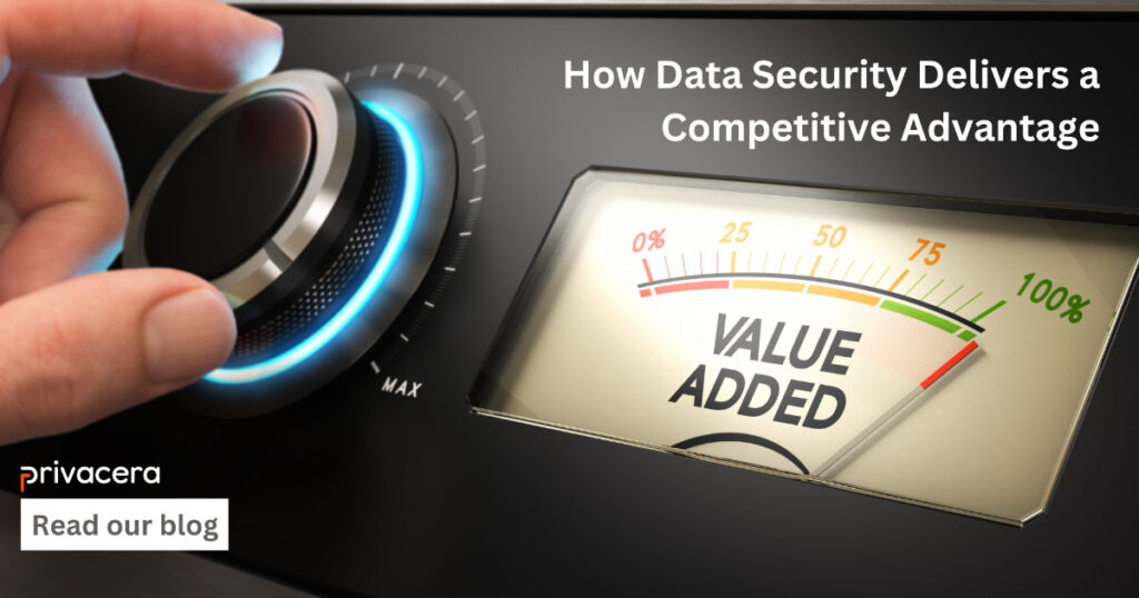 Turn-dial knob pointing to max with needle gauge showing 100% value added. Blog title: How Data Security and Governance Deliver a Competitive Advantage.