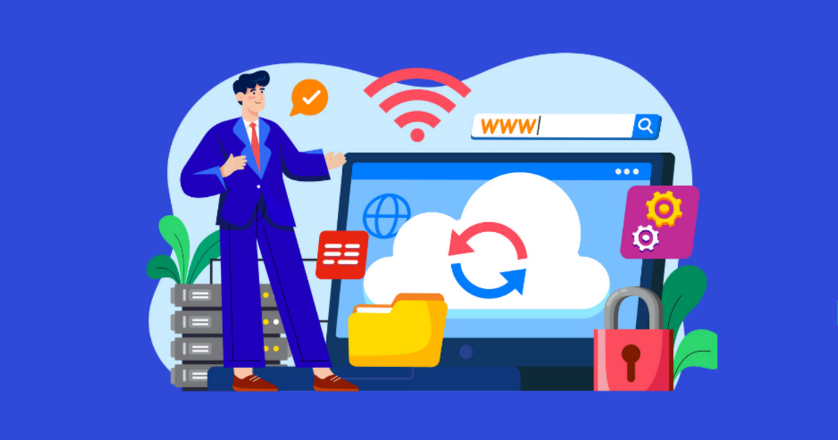 Blog entitled Embarking on a new journey with Privacera, showing a business person in blue suit looking at wi-fi symbol, large computer, browser search bar, gear and lock icons, representing CIO data security challenges.