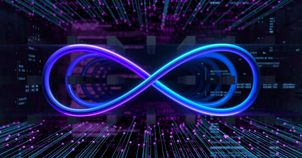 Infinity symbol in blue and magenta hues representing data security lifecycle.
