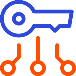 Blue key icon with 3 orange lines and circles extending out from it