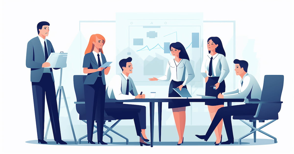 Illustration of 6 male and female business professionals talking around a table with a chart on a projector screen in the background