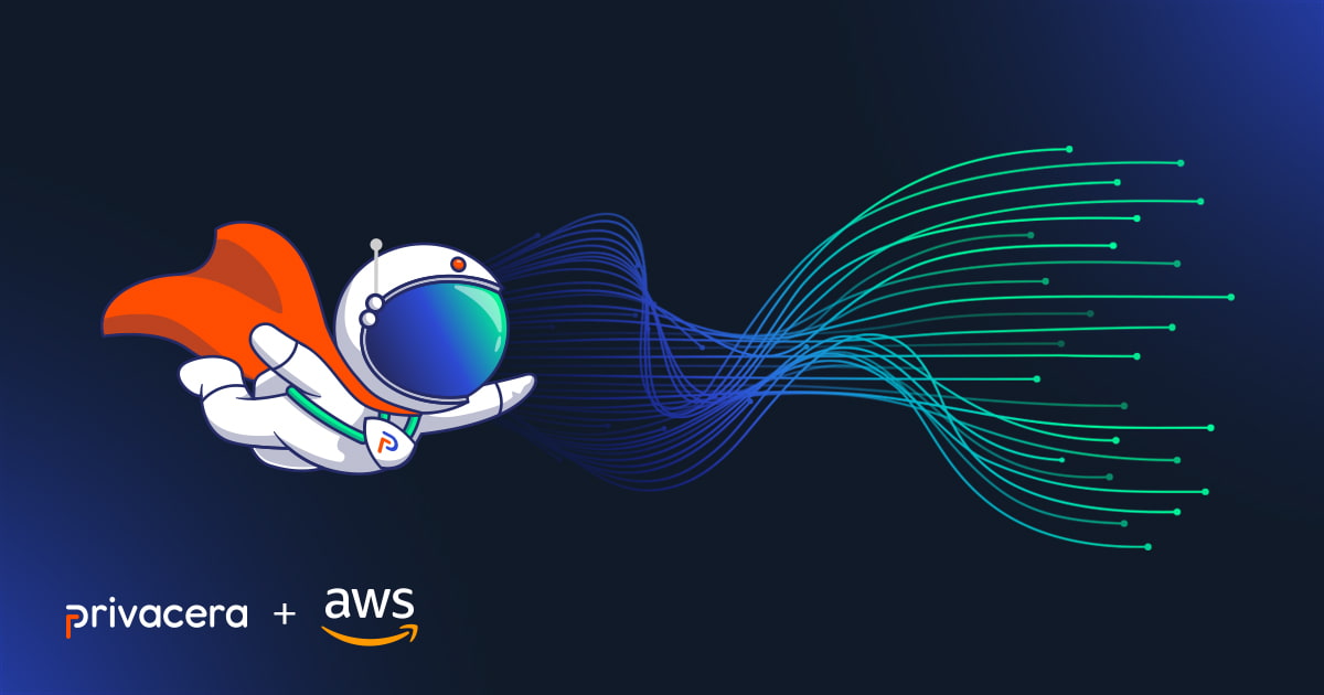 Privacera astronaut mascot with orange cape preceded by wavy digital lines and Privacera and AWS logos