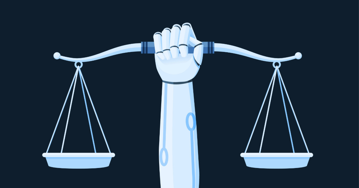 Artificial intelligence (AI) robot arm holding up a balance, scale of justice representing AI governance